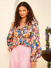 VCAY Floral Print Ruffle Trim Flounce Sleeve Peplum Blouse